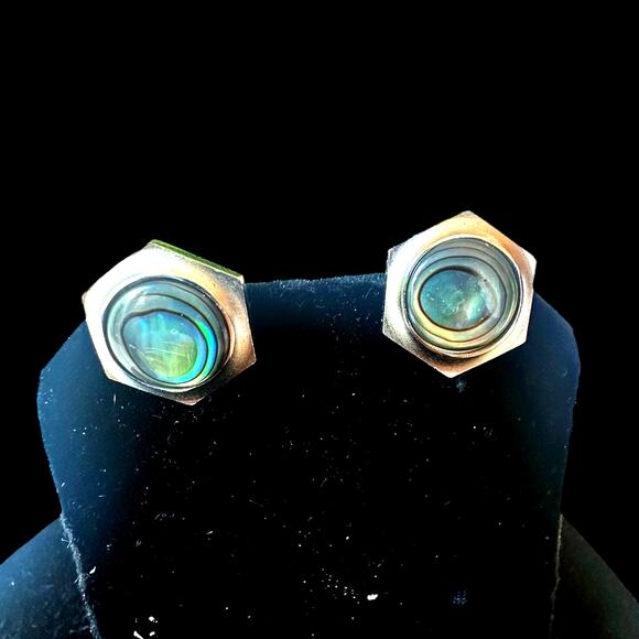 Vintage MOP Abalone Hexagon Cuff Links, Stainless Steel Silver Tone Unmarked - Picture 2 of 6